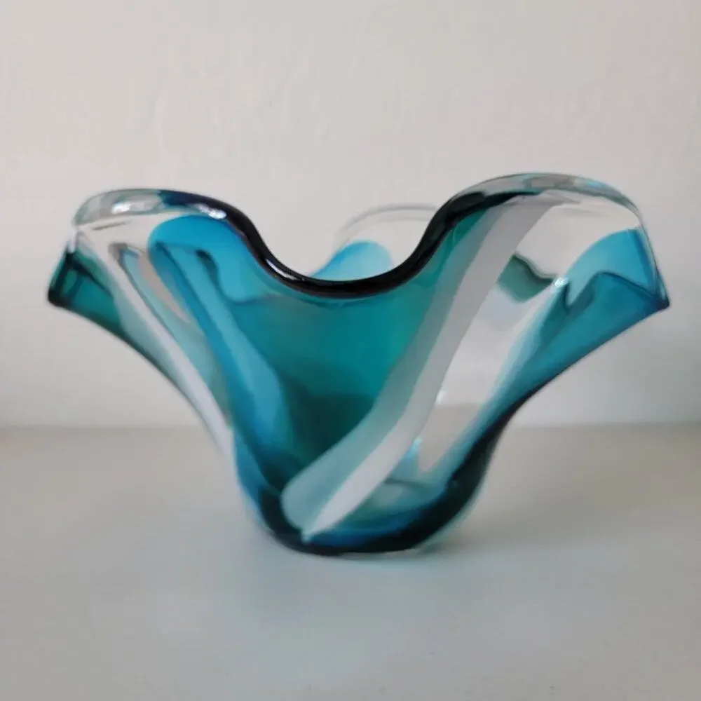 Hand Blown Glass Vase Bowl Turquoise White Clear Handkerchief Flair Home Decor